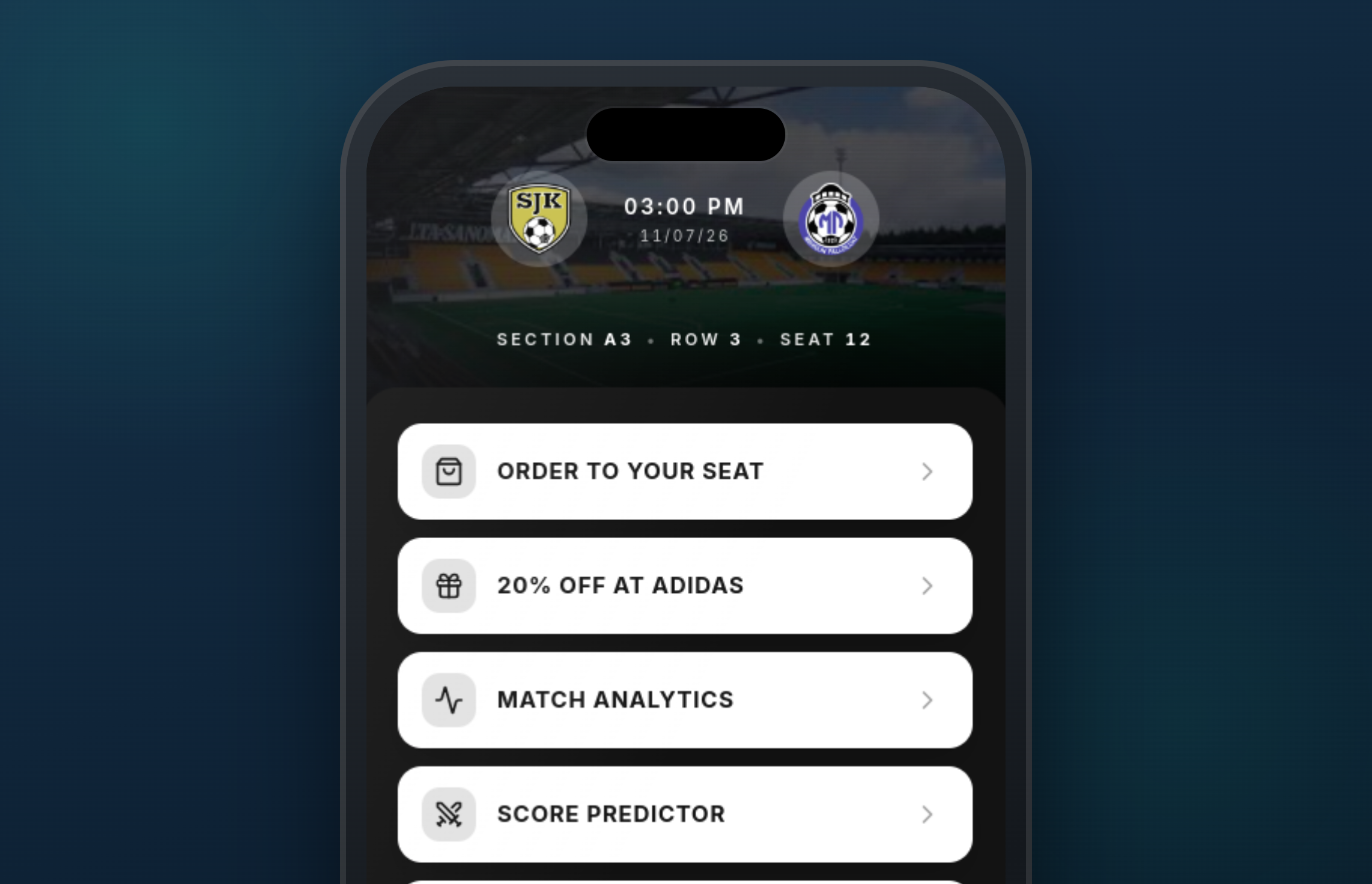IDSeat web-app on a phone: match analytics, score predictor, quick survey, order to your seat